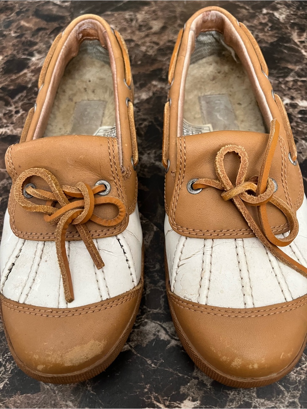 UGG Tan and White Leather Moccasin Boat Shoes